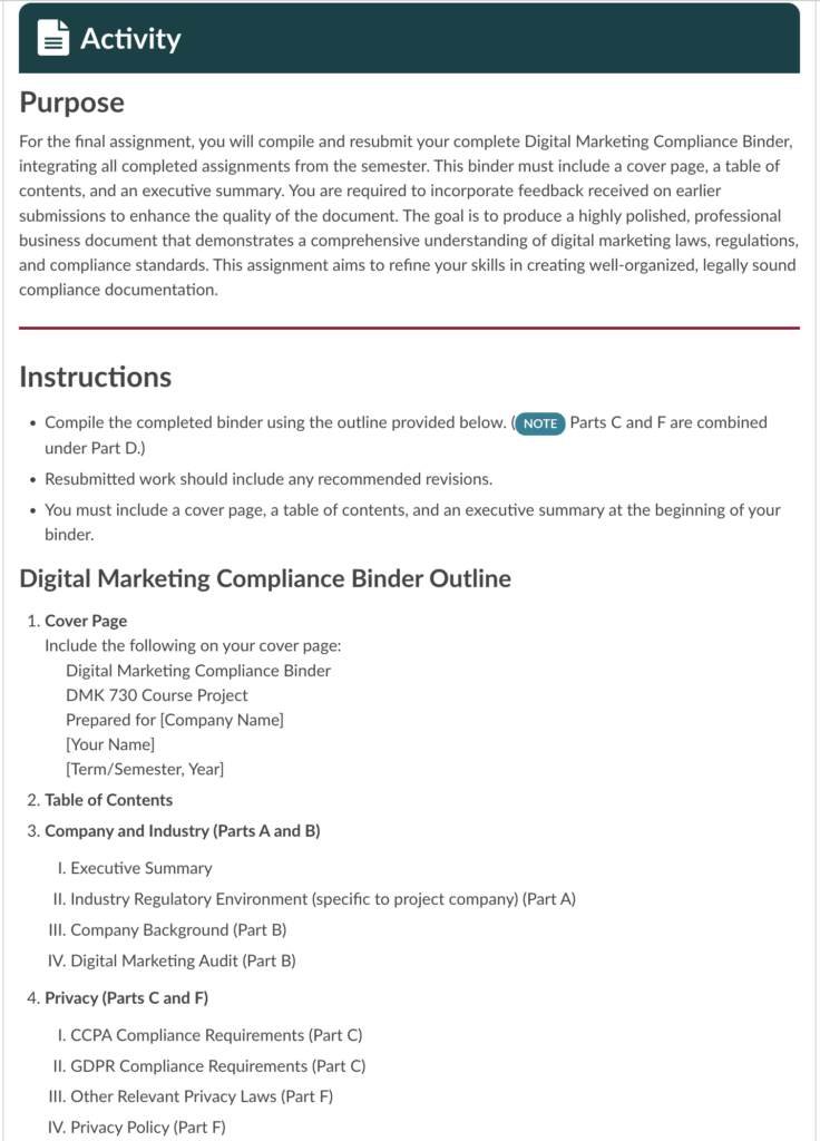 Instructions and outline for compiling the final Digital Marketing Compliance Binder, including cover page and required sections.